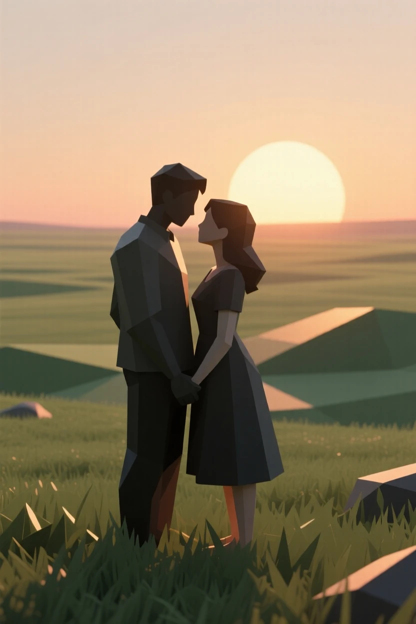 A couple silhouetted against a golden sunset, in a quiet, sunlit meadow. soft backlighting creates a warm, glowing silhouette. A wave of nostalgia fills the moment.