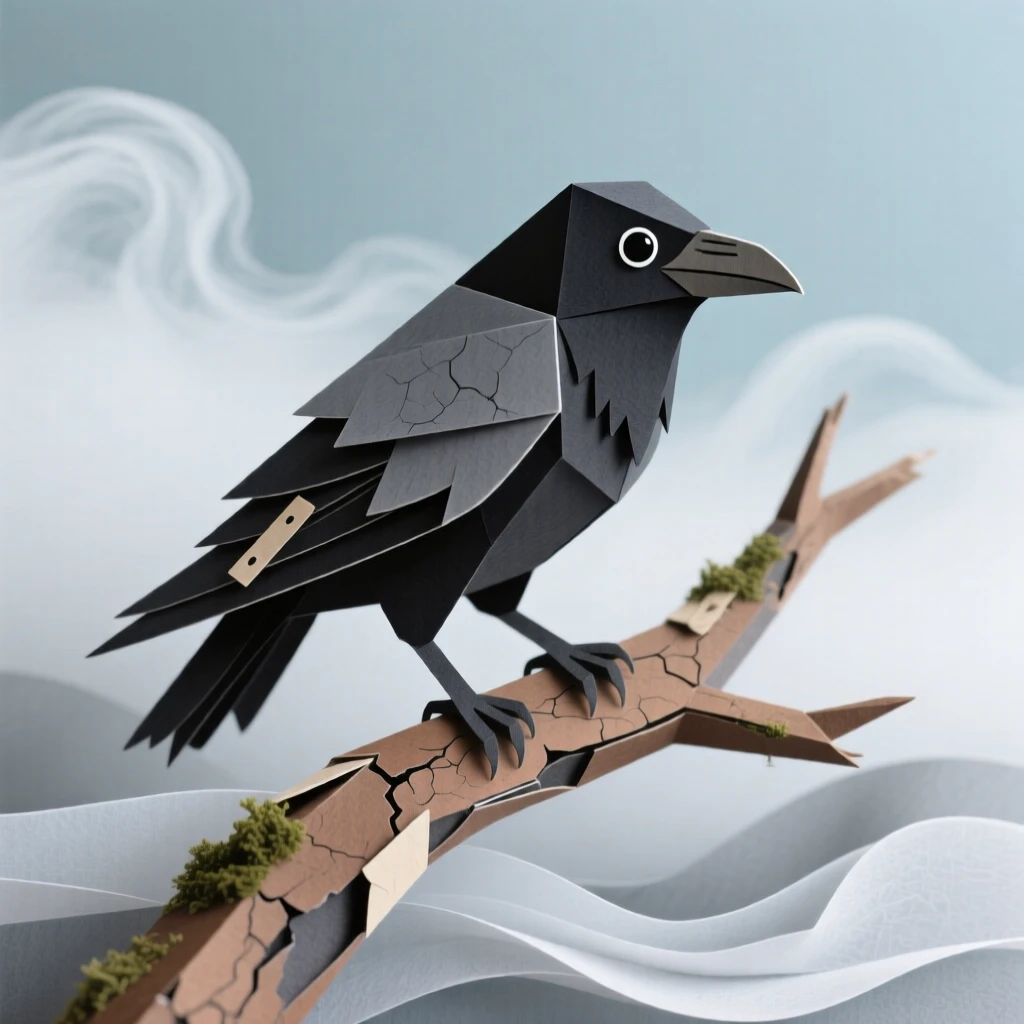 A clever raven perched on a weathered branch, with mist rising gently in the background, evoking innocent charm and gentle curiosity.