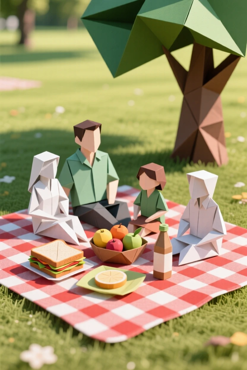 A family picnic spread across a checkered blanket in a sunny park.
