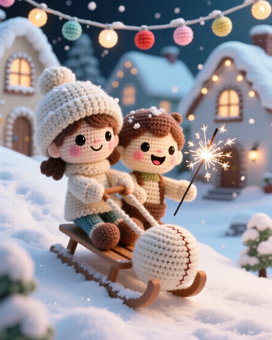 a little girl with a snow-dusted knit hat, sledding with a friend, laughing together at the bottom of a hill, set in a snow-covered village square strung with lights, with a bundle of sparklers ready to light, full of playful delight in seasonal change.