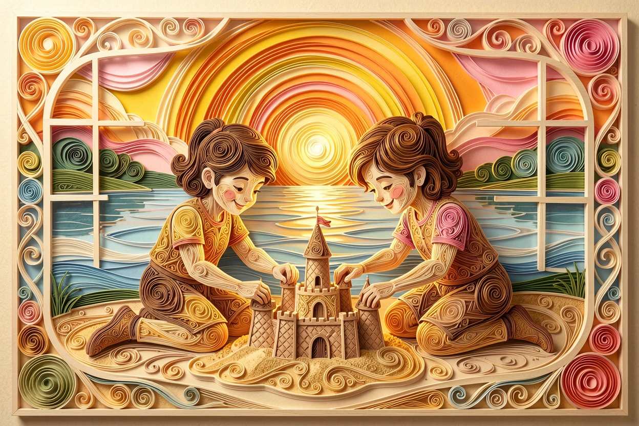 A heartwarming moment of two siblings building a sandcastle together at the beach beside a calm lake at sunrise, bathed in warm golden hour light, framed with soft natural light streaming through a window.