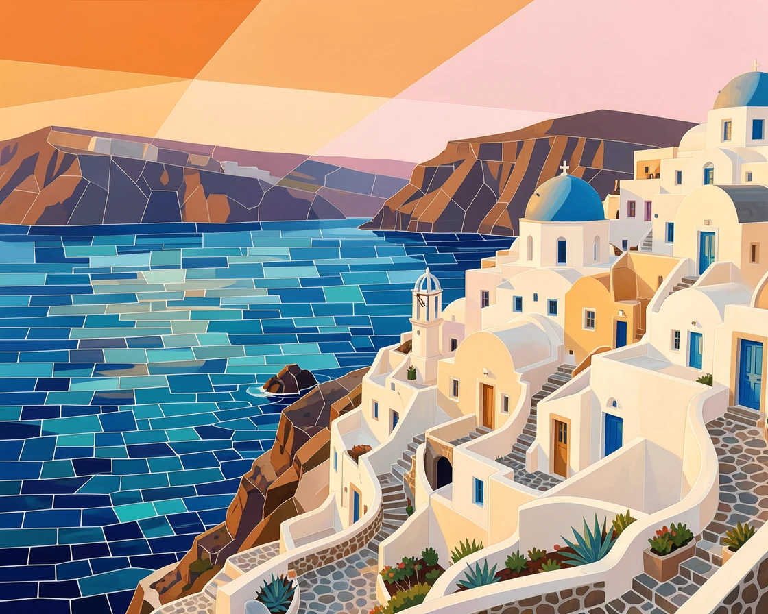 A breathtaking wide-angle view of the whitewashed clifftop villages of Santorini overlooking the sea, with rich warm lighting and fine architectural detail.