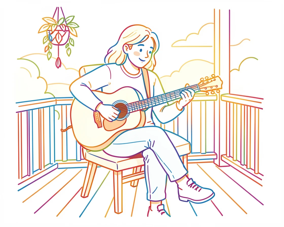 A person playing acoustic guitar on a porch during golden hour.