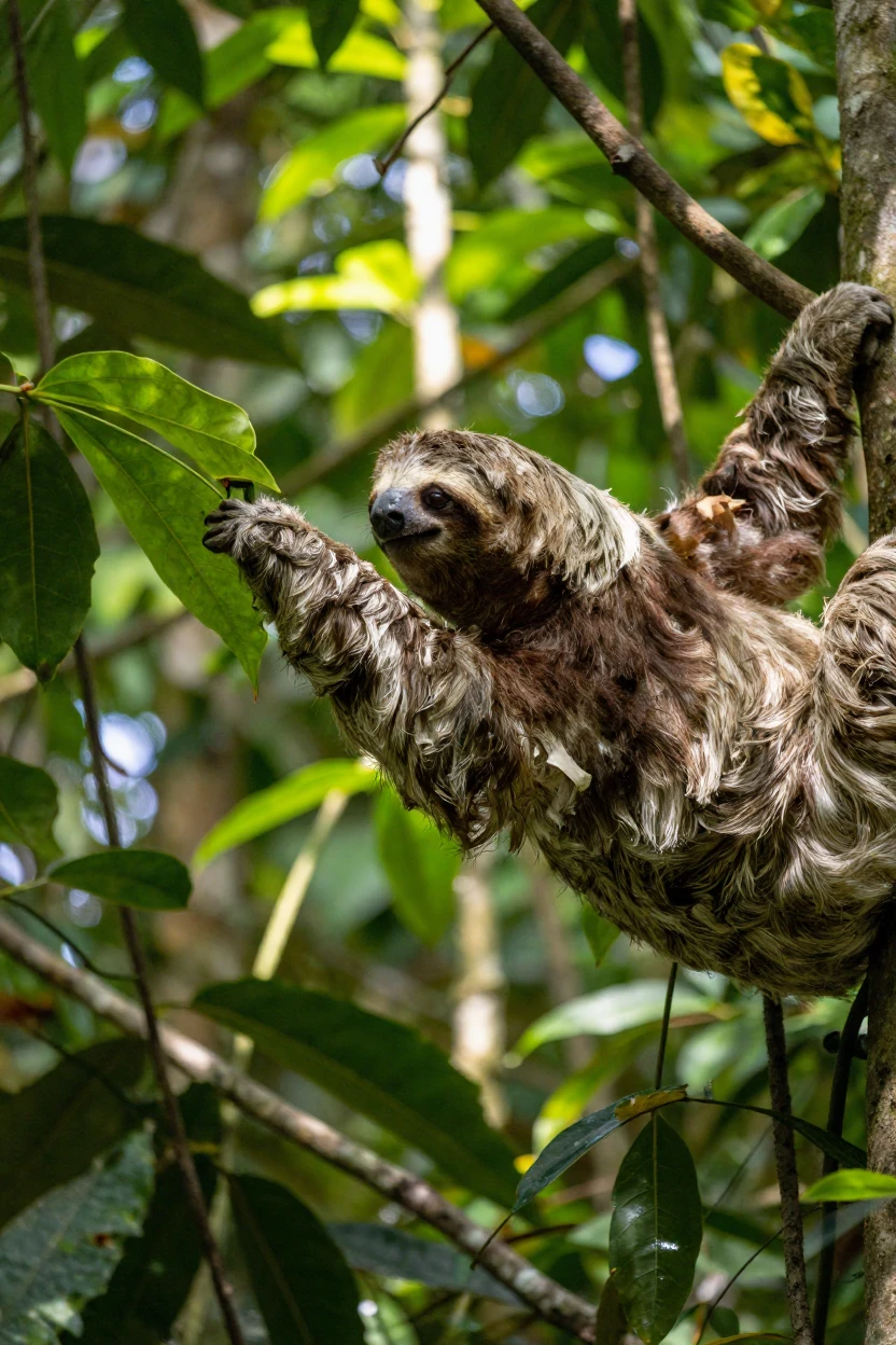A sloth slowly reaches for a leaf, one limb at a time, in a rainforest canopy.