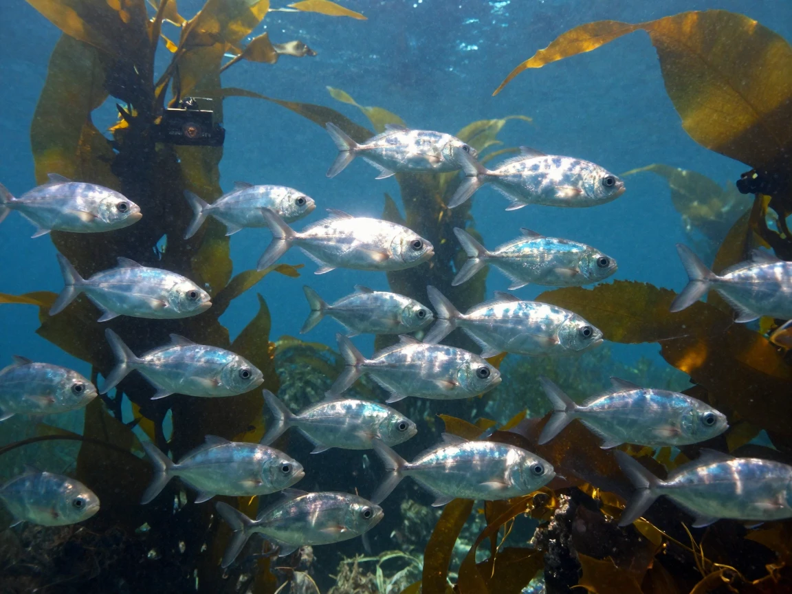A school of shimmering silver fish drifting quietly in the dappled light of a kelp forest