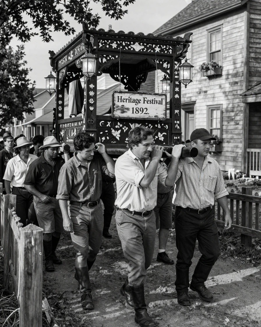 Villagers carrying a festival float carry it through narrow lanes along a festival parade route.