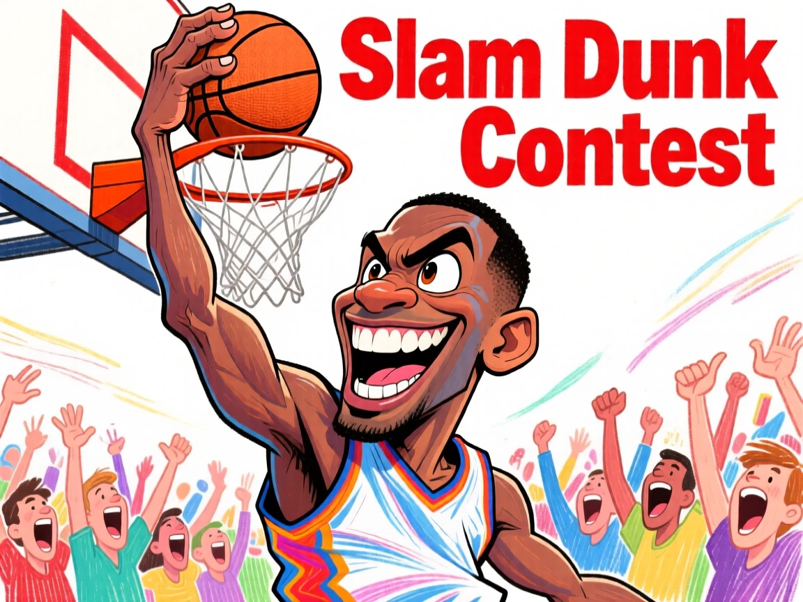 A basketball player mid-slam-dunk, arm extended high, crowd on their feet cheering.