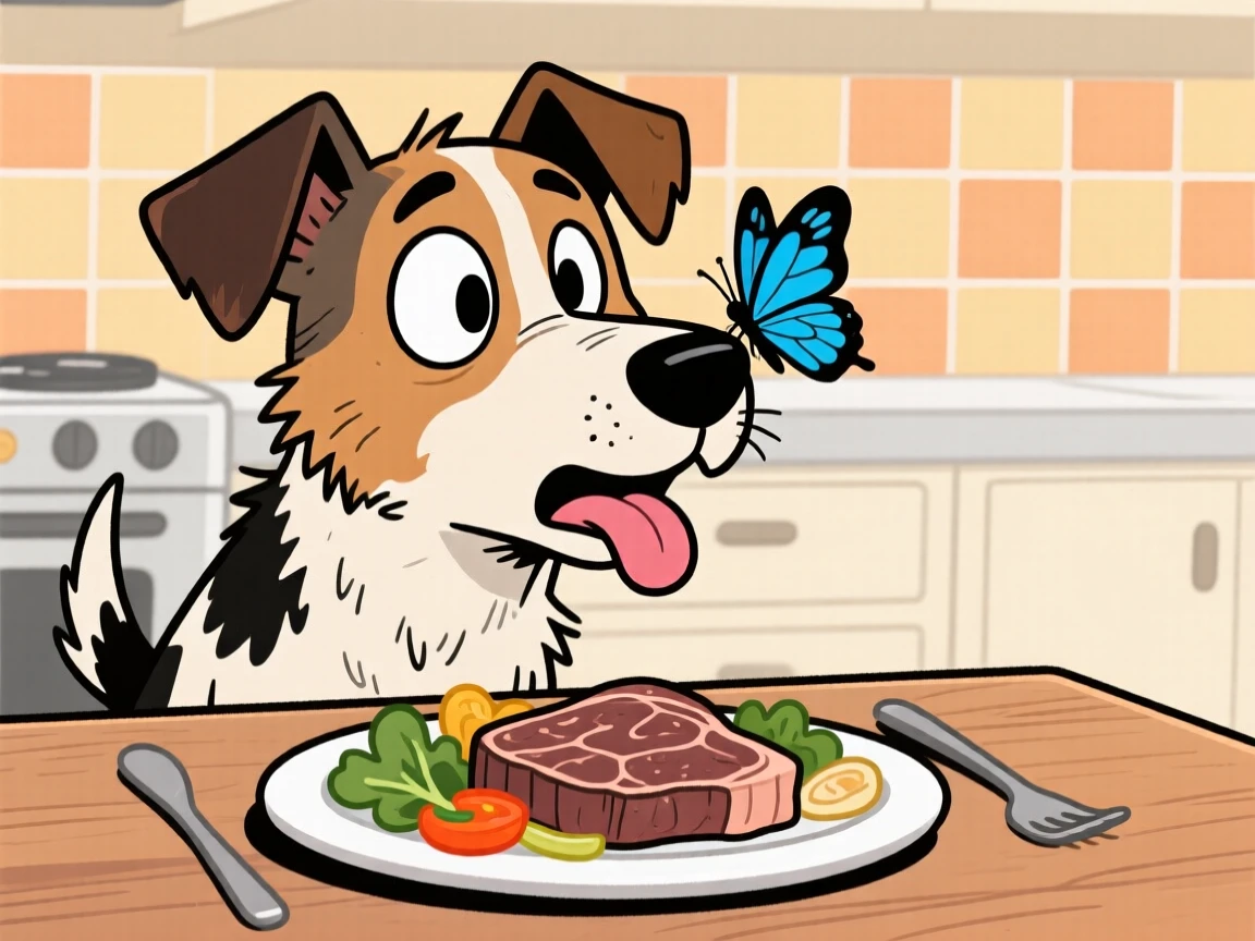 A playful pet moment featuring a scrappy terrier mix begging shamelessly for a bite of dinner, as a butterfly lands on its nose.