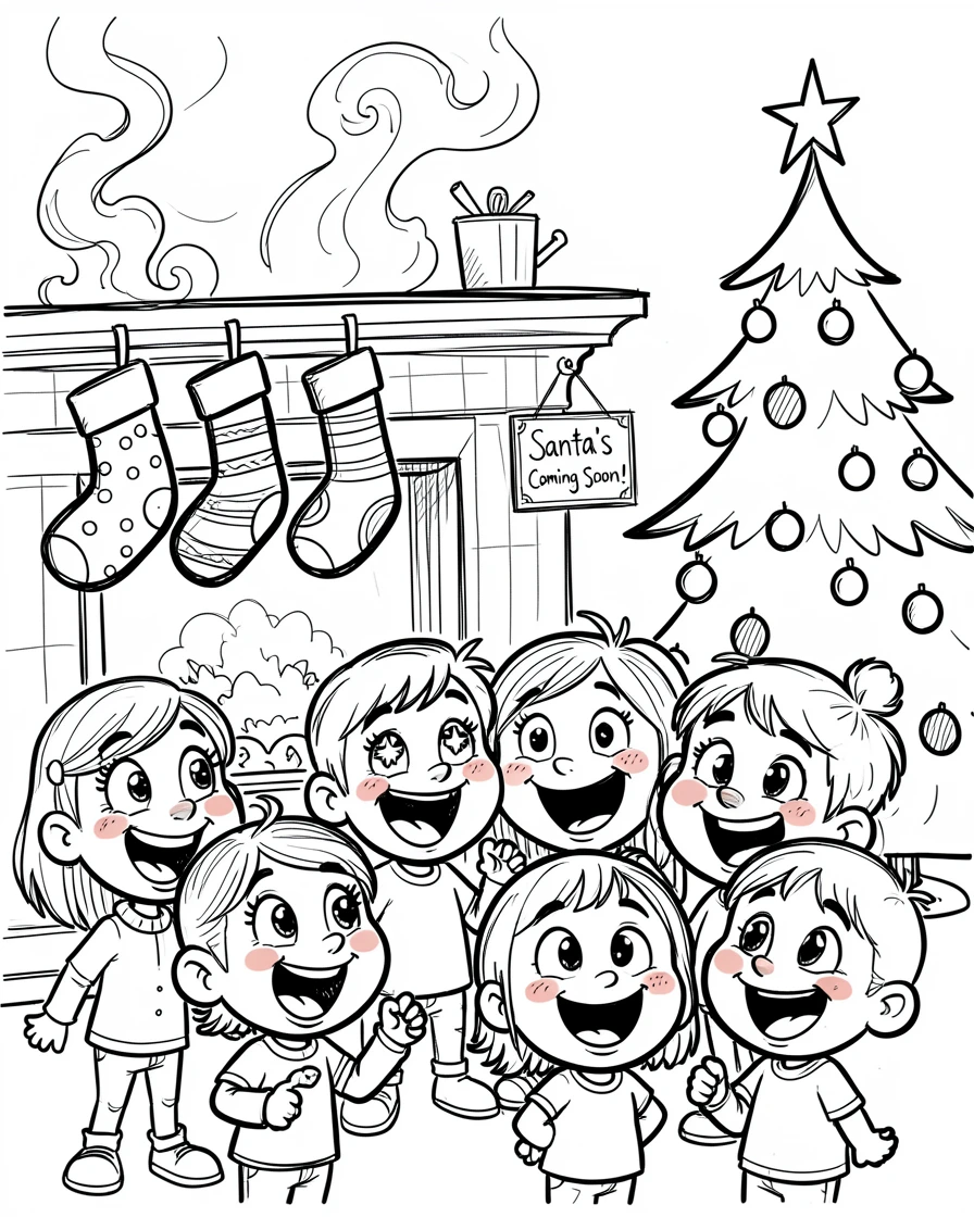 [Seasonal Holidays & Celebrations] Festive scene of children eagerly awaiting Santa's arrival by a decorated fireplace, full of celebration and joy