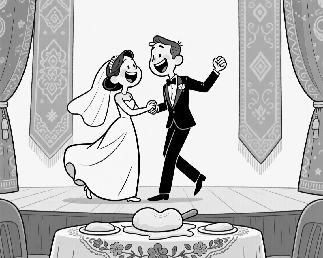 A joyful bride and groom mid-laugh during their first dance, guiding small hands through kneading dough, set on a stage framed by vibrant silk banners. A embroidered tablecloth peeks out beneath the feast. The image feels like a snapshot of pure, collective happiness.