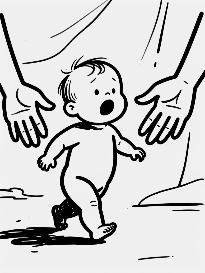 A toddler taking their very first wobbly steps toward outstretched arms.