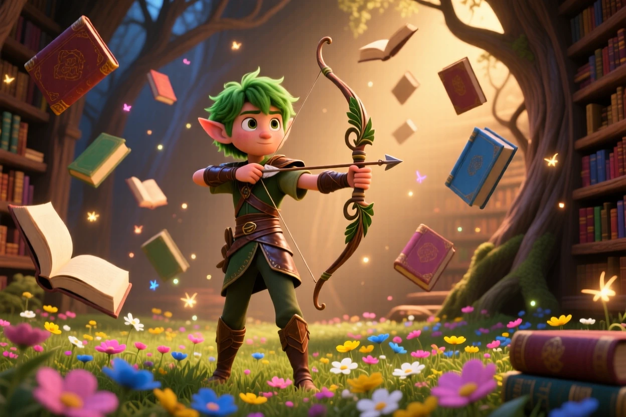 A wandering elf archer stands in a hidden library filled with floating books, floating gently above a field of flowers. A magical, wondrous stillness fills the scene, with soft glowing light illuminating every surface.