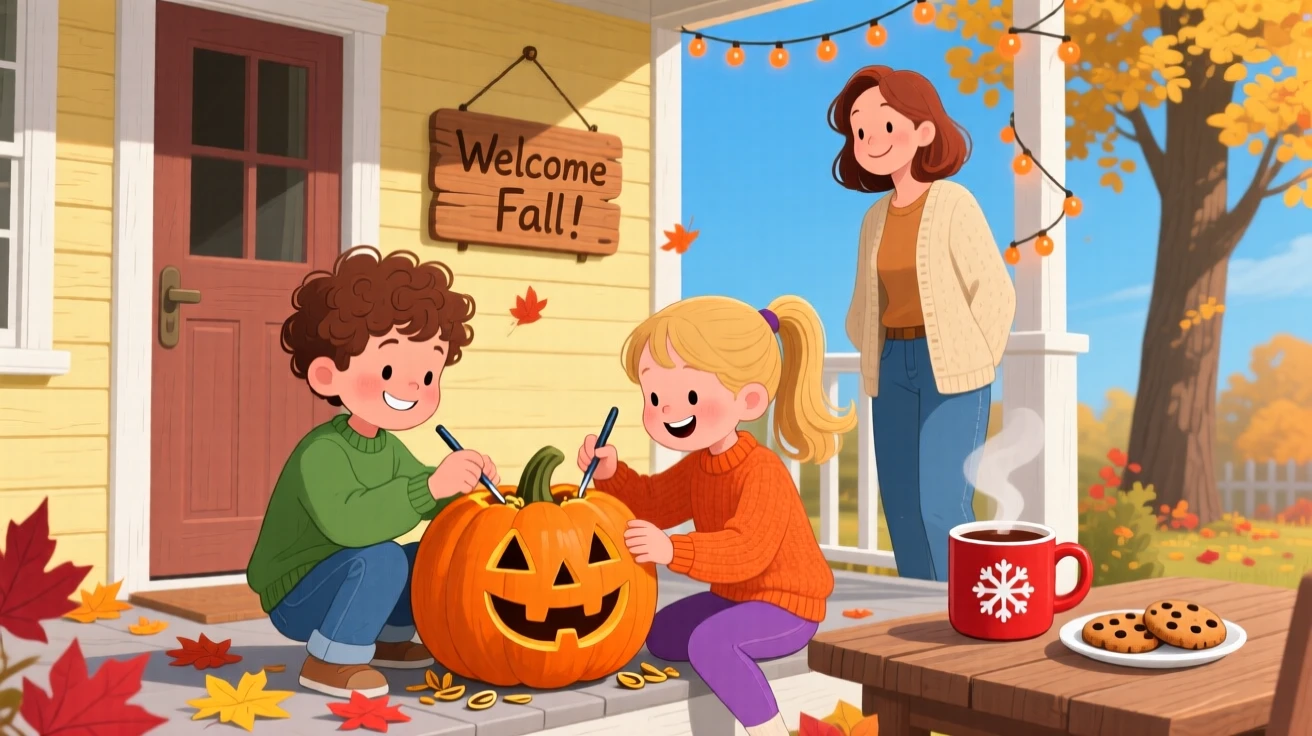 With her mother close by, twin siblings is carving a jack-o'-lantern on the porch, with a warm cup of cocoa nearby.