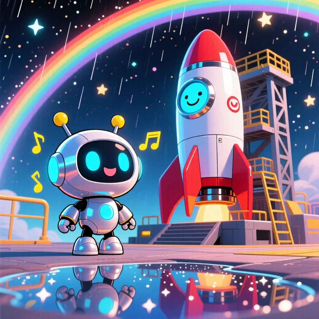 Low-angle shot looking up: a small round robot companion, beeping happily beside a rocket ship, set against a launch pad under a starry sky under a rainbow after the rain, with shimmering reflected light off water and a mood of curious excitement.
