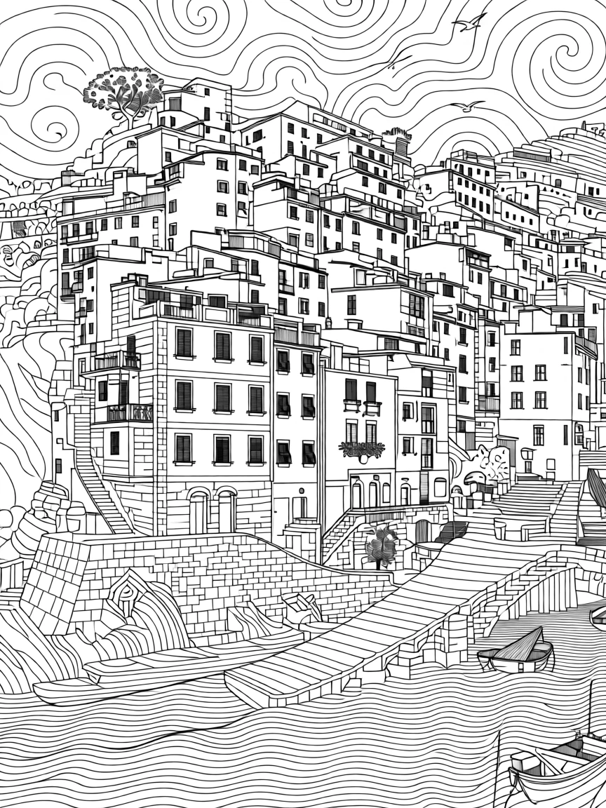 A hillside village stacked in bright colors above the sea, like Cinque Terre.