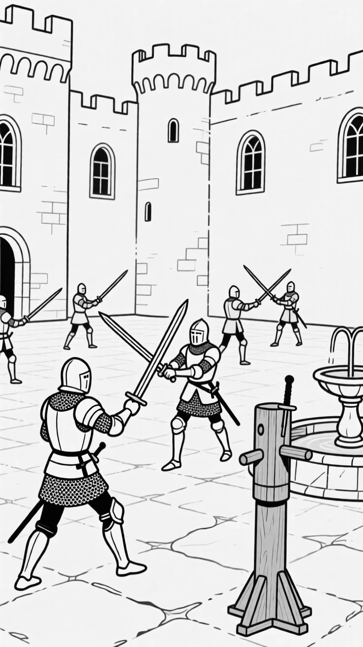 A castle courtyard where knights train with swords