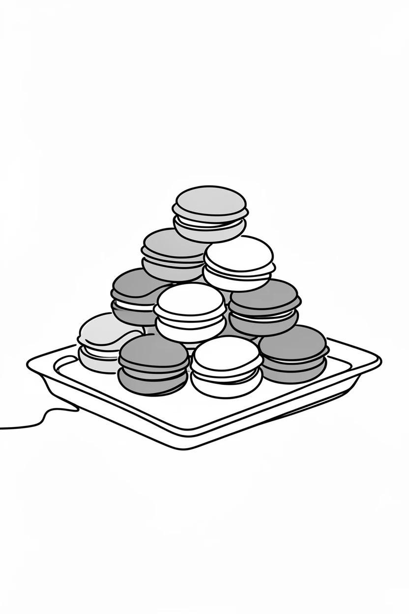A tray of colorful macaron cookies stacked in a neat pyramid
