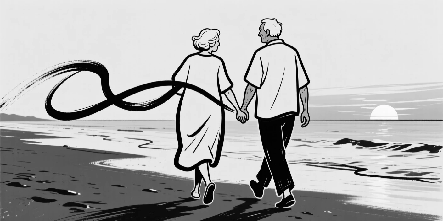 An elderly couple walking hand in hand along a beach at sunset.