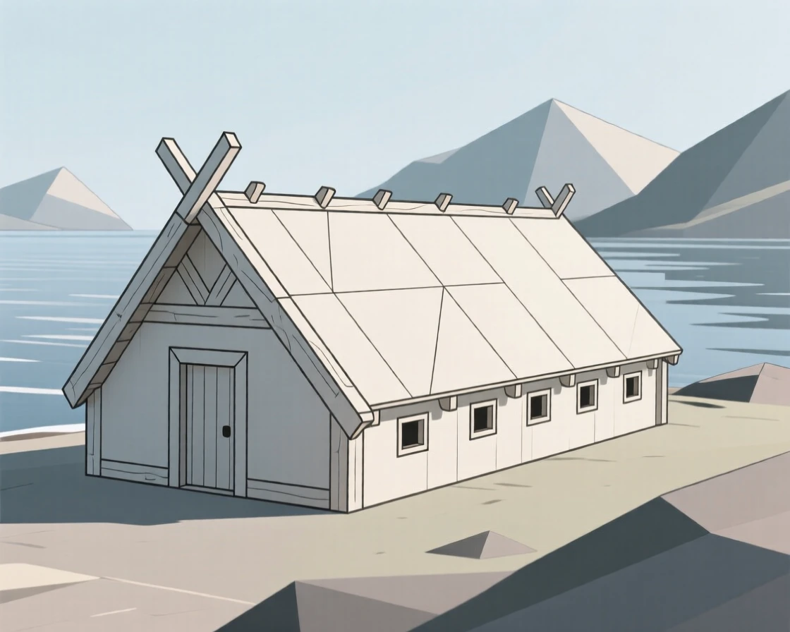 A Viking longhouse reconstructed beside a fjord