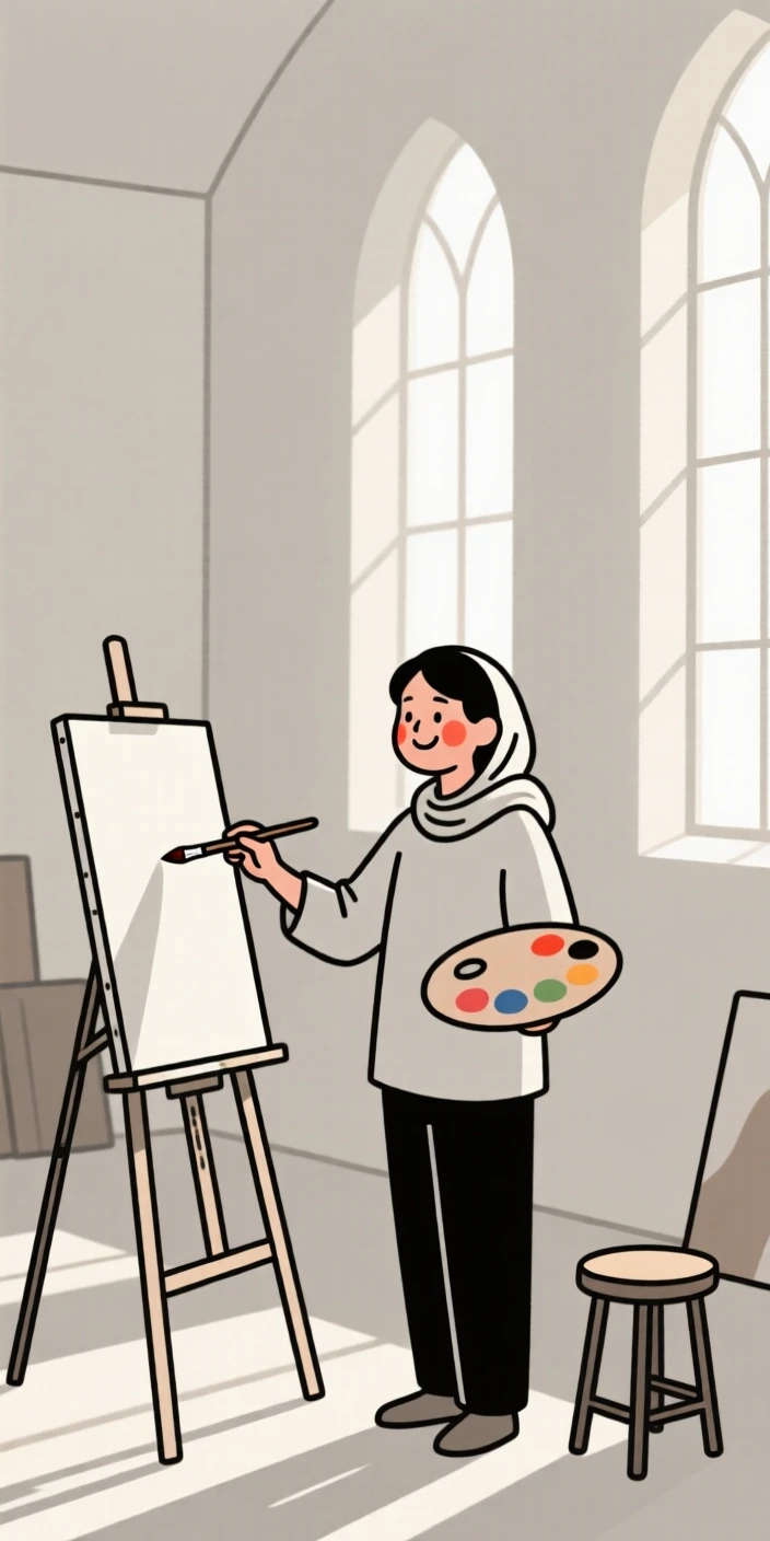 A painter of iranian heritage in a sunlit studio, smiling warmly, in a quiet chapel.