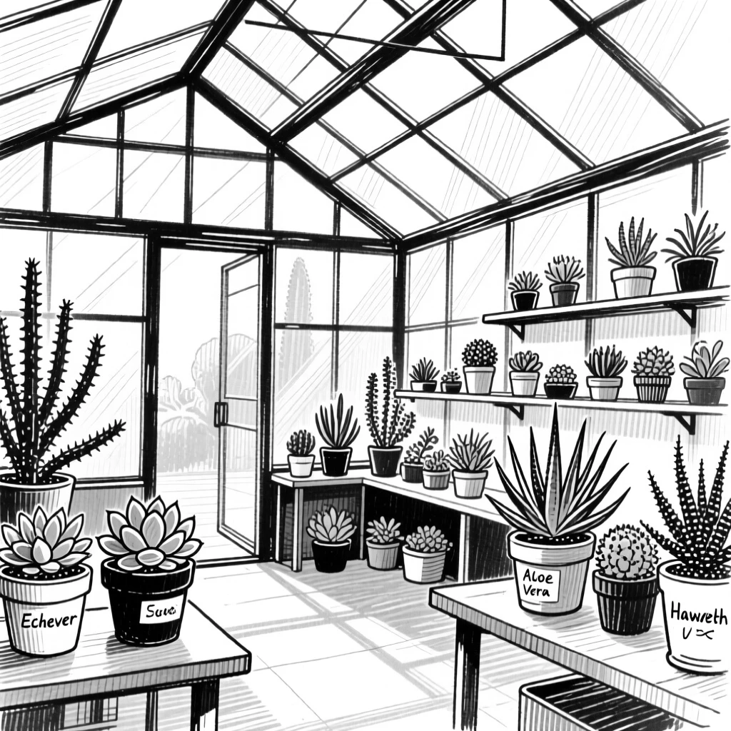 A modern glasshouse studio filled with potted succulents and natural light.