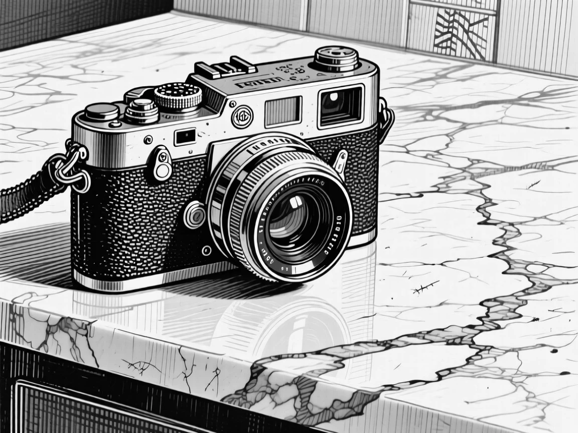 A classic film camera set on a marble countertop, with fine scratches telling of years of use, forming a calm and homely still-life study.