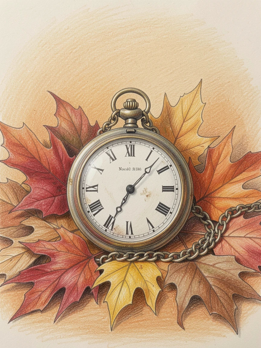 An antique pocket watch resting on a bed of autumn leaves, set against a simple, warm-toned background, designed to feel timeless and collectible.