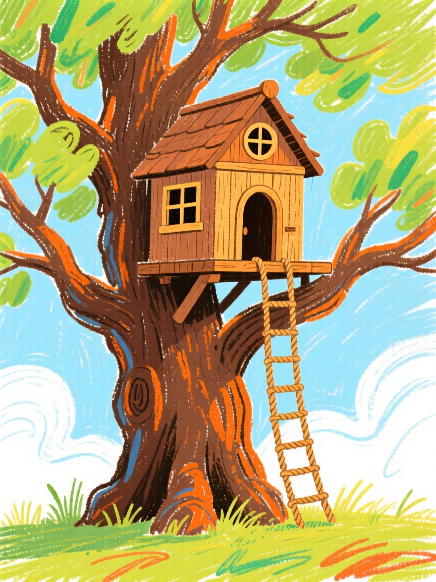 A treehouse built high among the branches of an old oak.