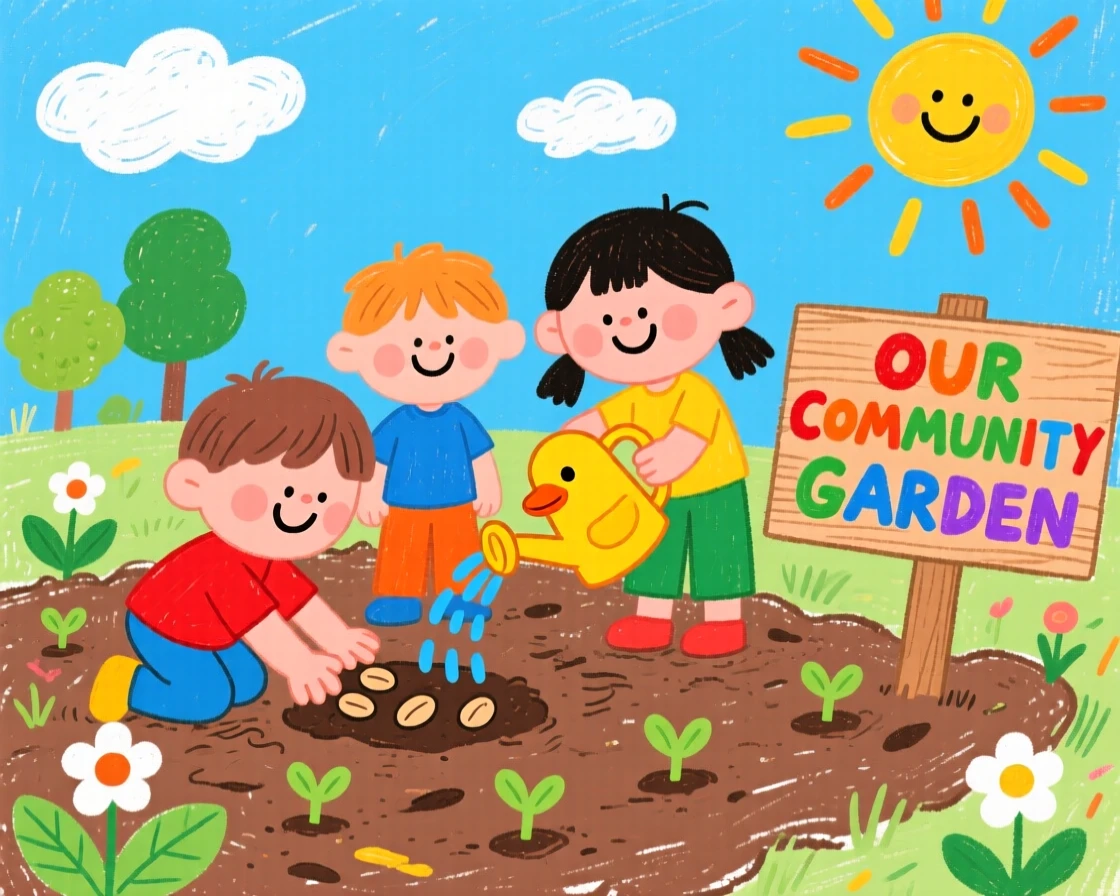 Children planting seeds together in a community garden.