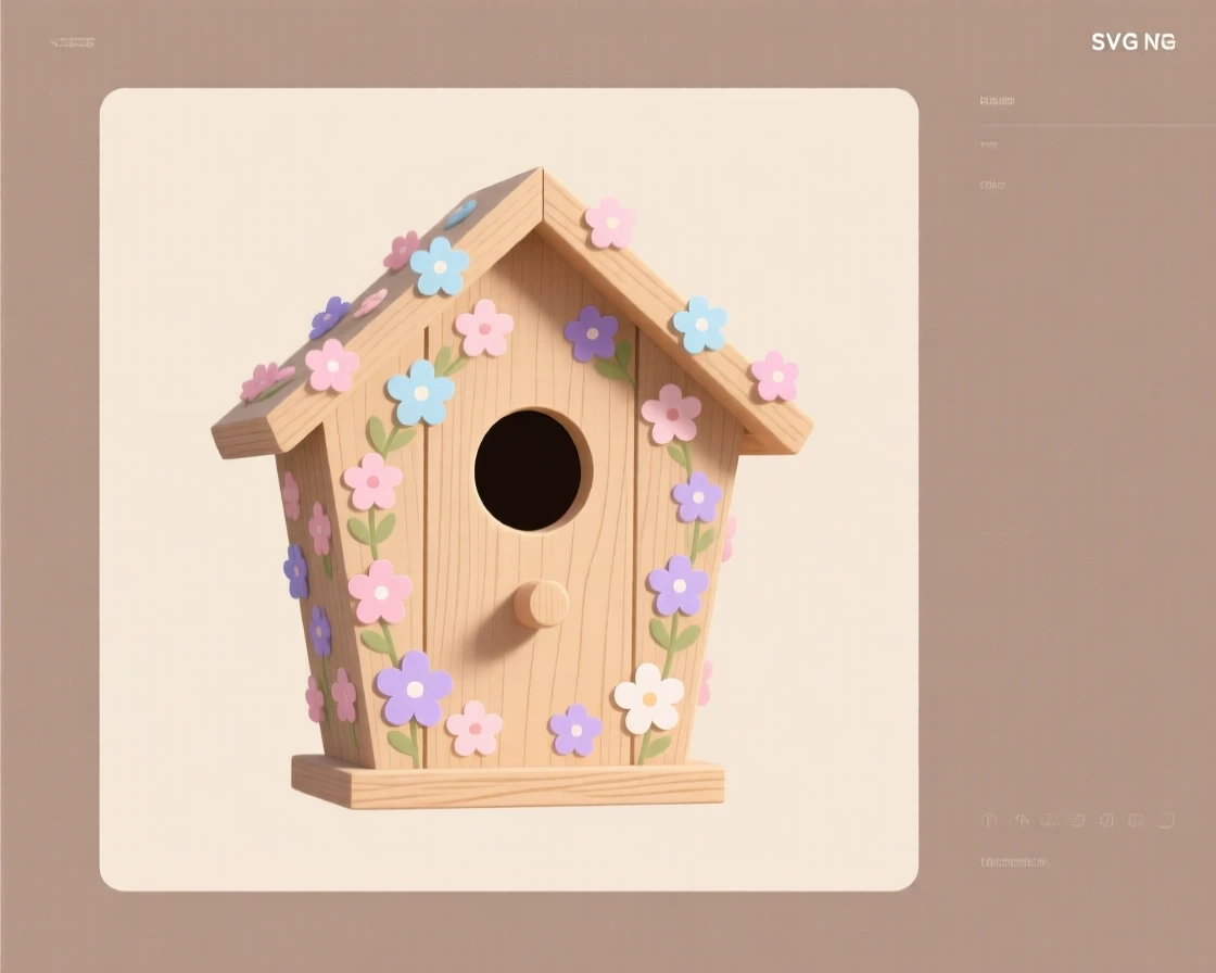 A wooden birdhouse decorated with tiny painted flowers, set against a soft neutral backdrop, arranged symmetrically for a balanced, pleasing look, with a clean, elegant simplicity.