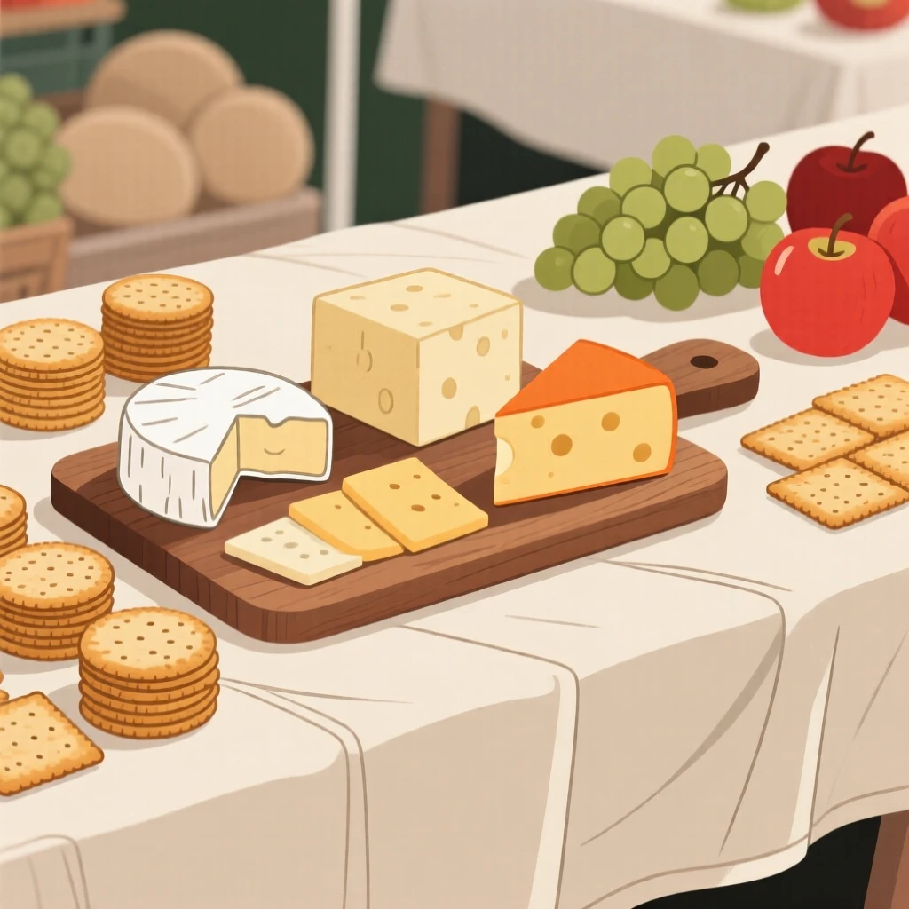 A spread of cheese and crackers beautifully displayed on a linen tablecloth at a farmers market.