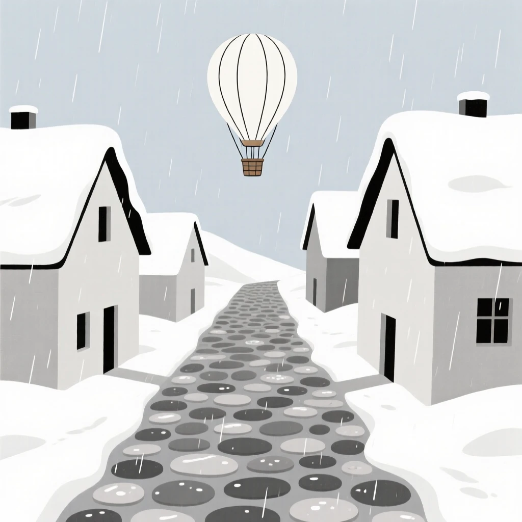 A journey through a snow-covered alpine village toward a hot air balloon rising, passing cobblestone streets glistening with rain, full of timeless nostalgia.