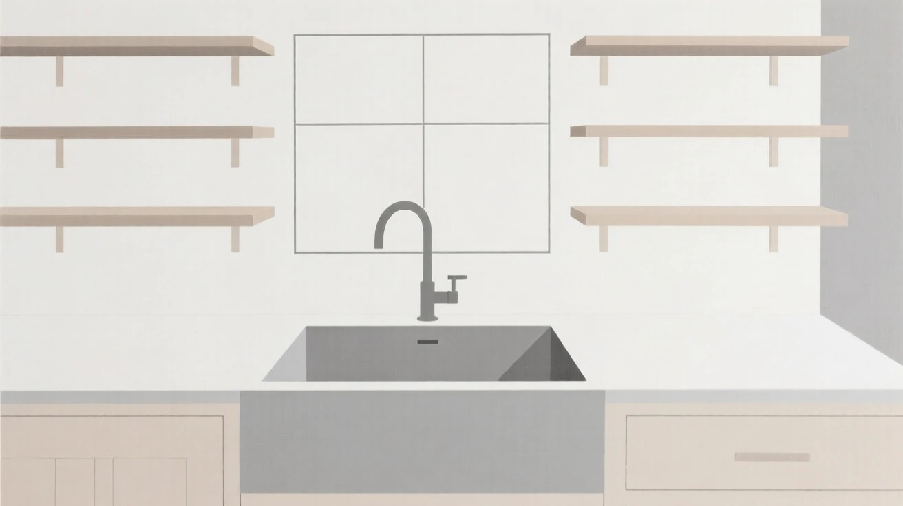 A kitchen with a farmhouse sink and open shelving