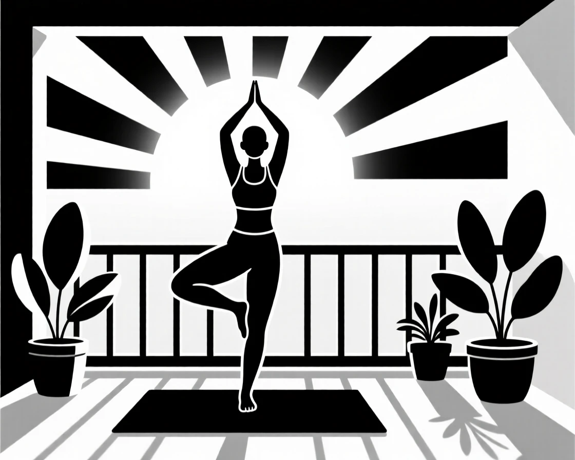 A peaceful morning yoga session on a sunlit balcony.