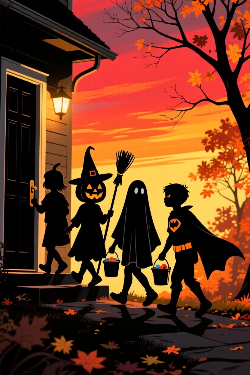 A group of children in costumes walking door to door on a crisp autumn evening.