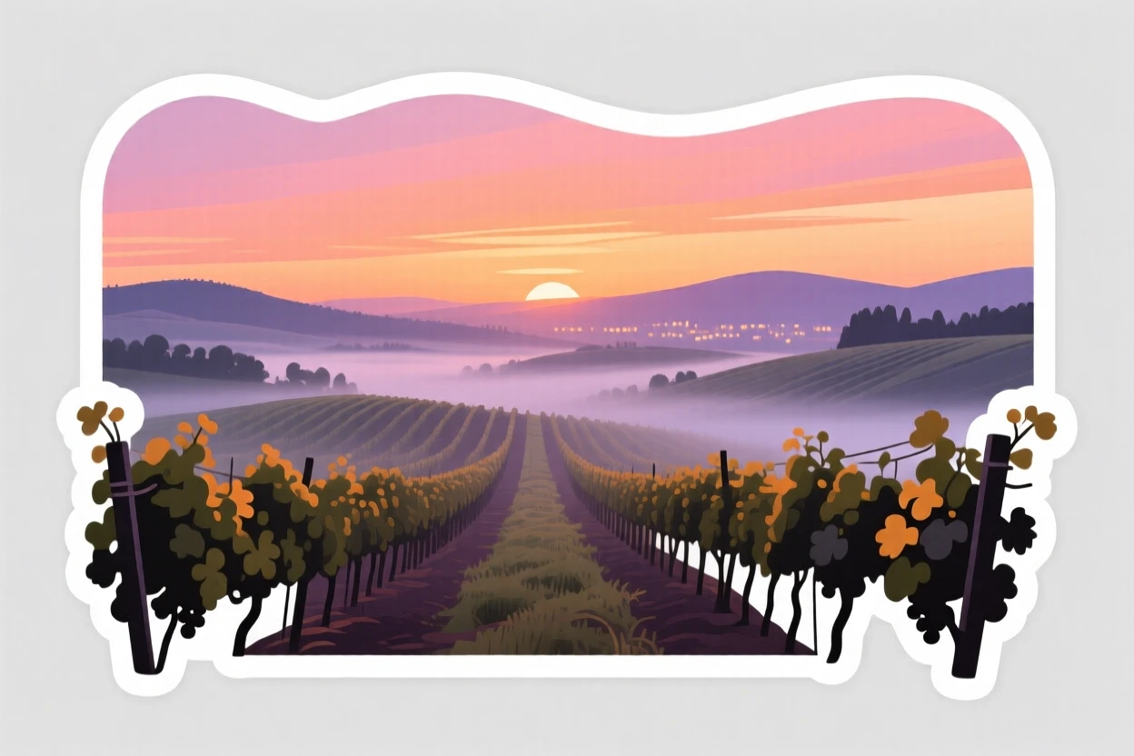 A breathtaking vineyard rows under a warm sunset, with morning mist rolling through, far from any city lights.