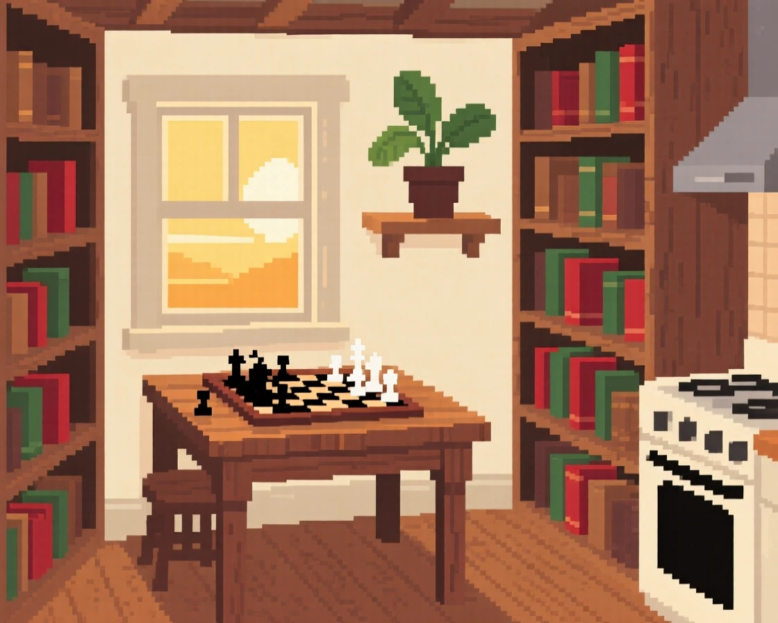 A cozy library alcove topped with a chessboard mid-game, in a farmhouse kitchen at sunrise.
