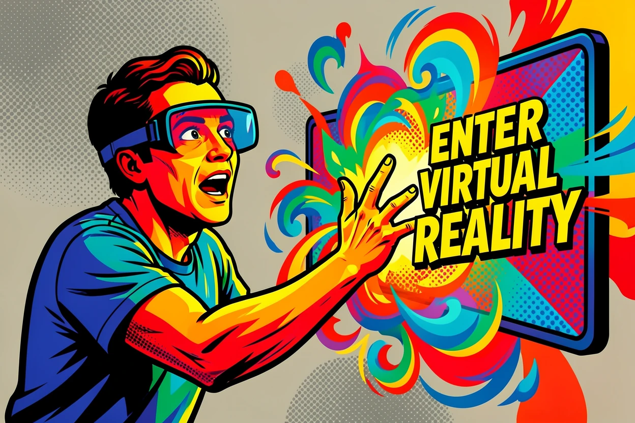 A person reaching toward an immersive virtual reality world