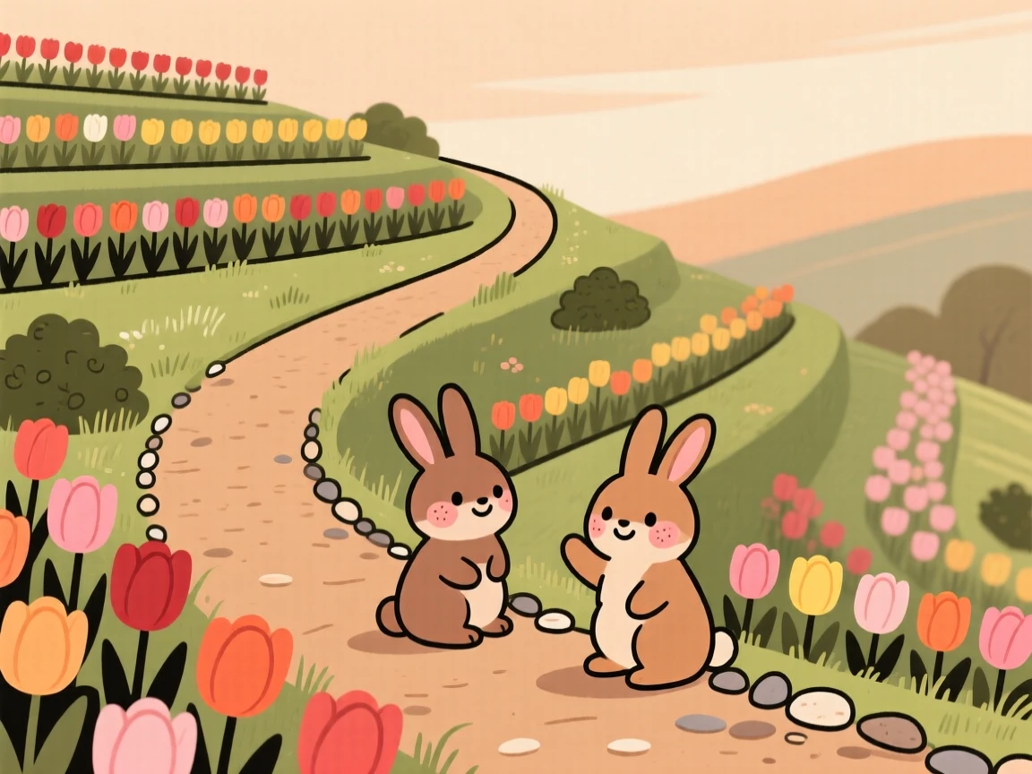 A winding path leads through a terraced hillside garden bursting with tulips in neat rows, where a small rabbit pauses among the blooms.
