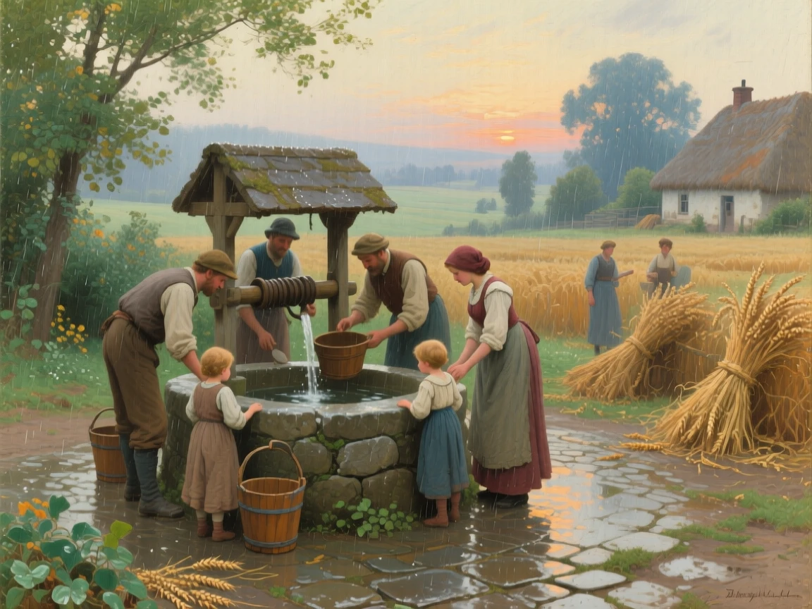 A wide establishing shot of villagers gathered at a well drawing water at first light, during a gentle spring shower, during the summer harvest.