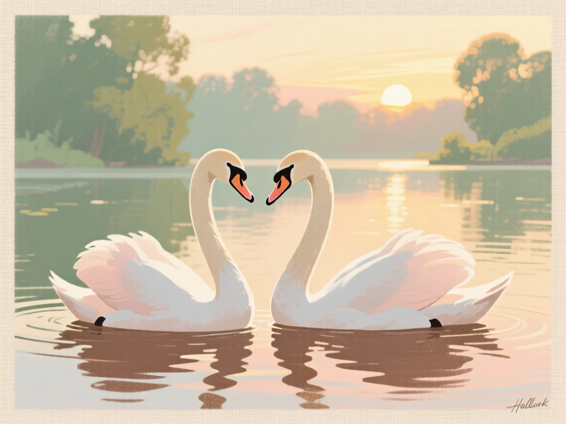 A pair of swans gliding across a still lake at sunrise