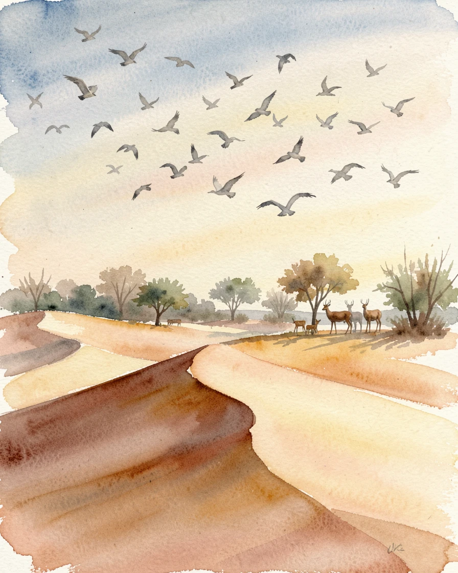 A sweeping desert dune under a sky full of migrating birds with a family of deer at the tree line.