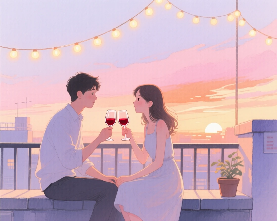 Two lovers watch the sunset from a rooftop terrace, wine glasses in hand, string lights glowing above them