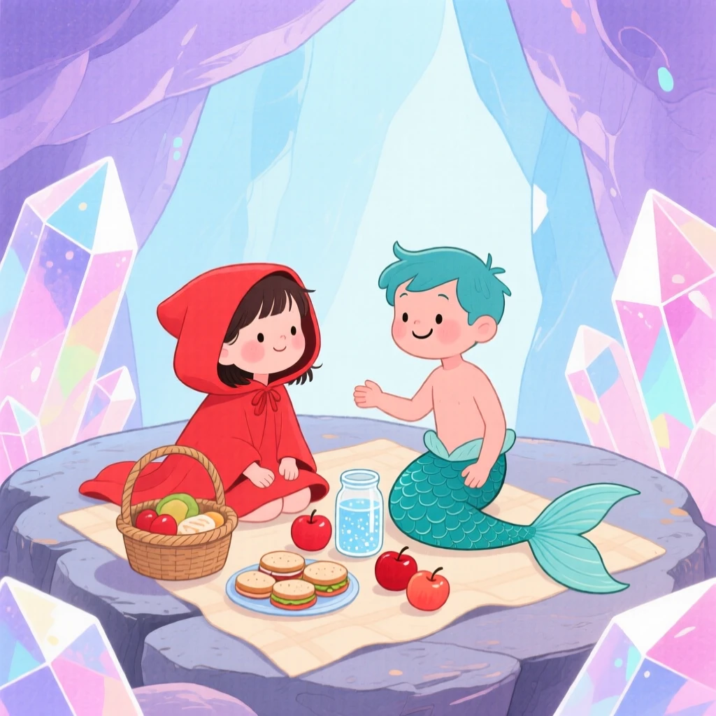 A little girl in a red hooded cloak sharing a picnic with a playful merboy inside a glowing crystal cave.