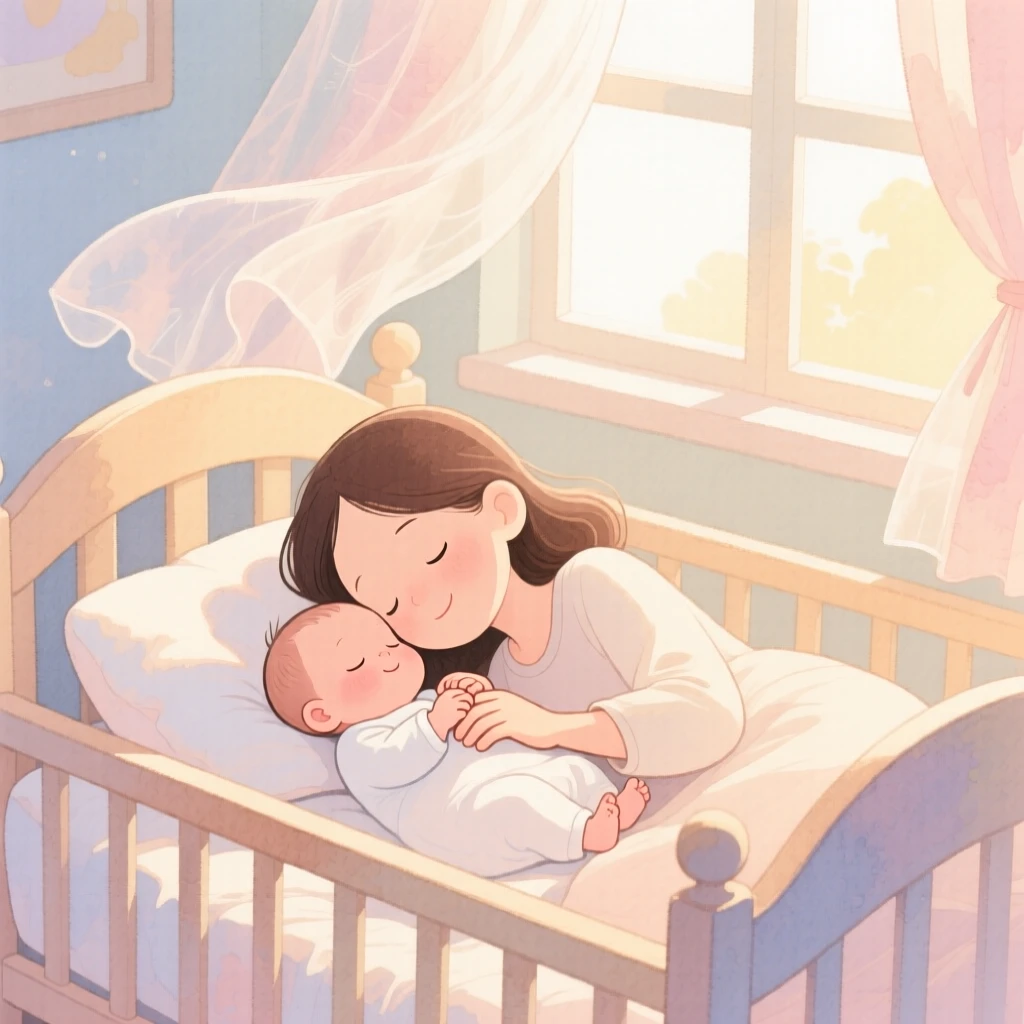 A newborn baby and mother resting together in a sunlit nursery, in a soft pastel nursery with floating curtains, with hands clasped together tightly, pure unconditional love.