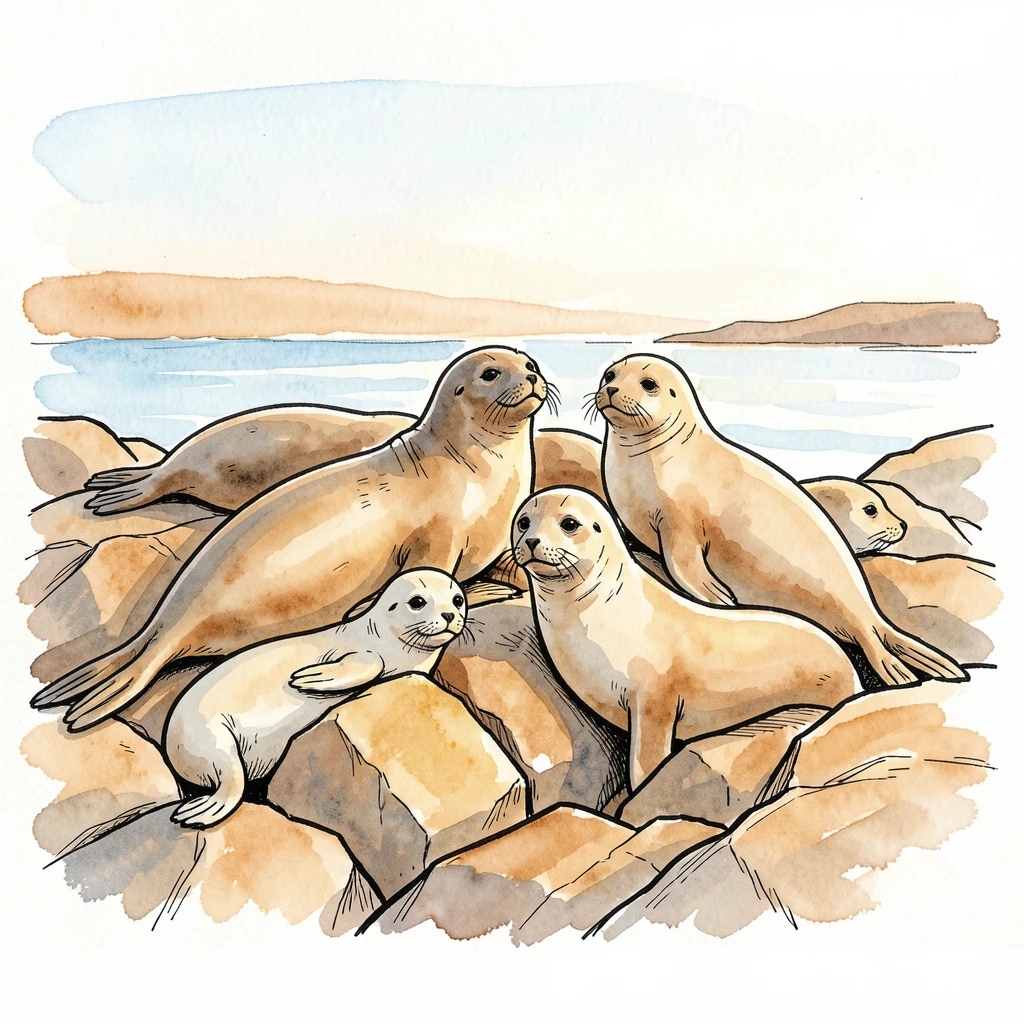 A group of seals basking together on sun-warmed rocks, the golden light of late afternoon warming the scene.