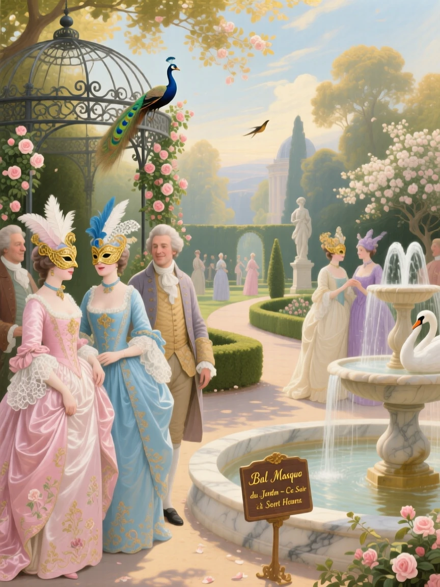 A garden masquerade with guests wearing elaborate bird masks  