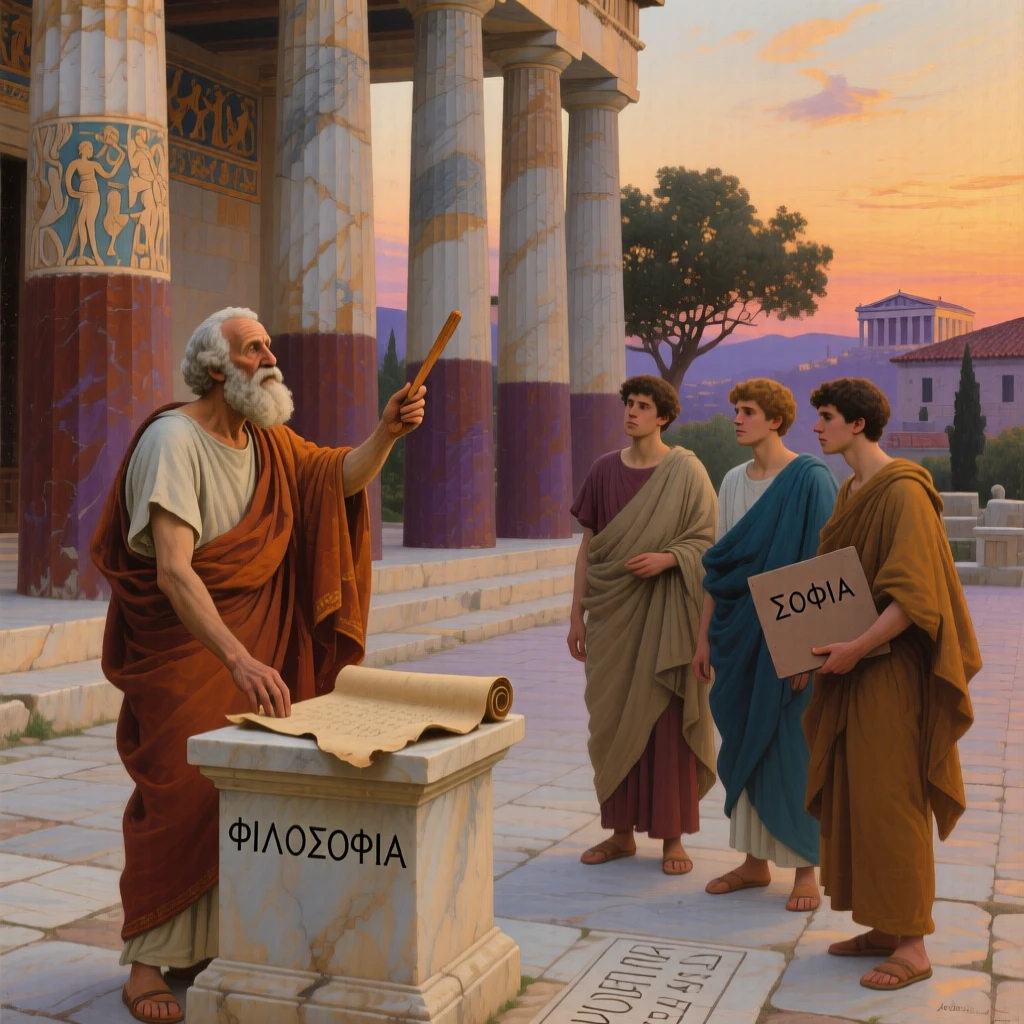 A Greek philosopher teaching students beneath marble columns at dusk, with rich period-accurate clothing, tools, and architecture throughout, bringing a vivid, immersive moment of history to life