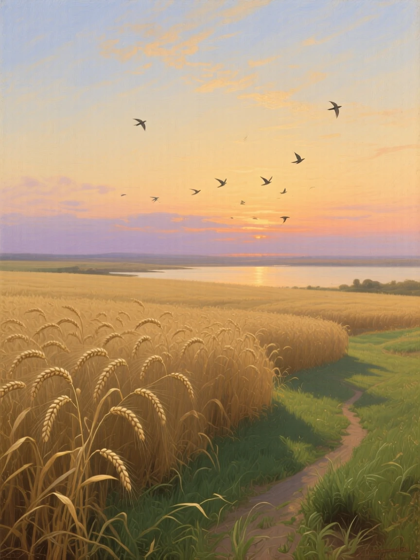 A field of golden wheat swaying beneath a dramatic sunset sky captured in the fleeting stillness of a perfect moment, set beneath an expansive and ever-changing sky, with birds gliding low over the water and long shadows stretching across the grass; a low horizon line gives dramatic weight to an expansive sky, radiating the serene majesty of untouched nature.