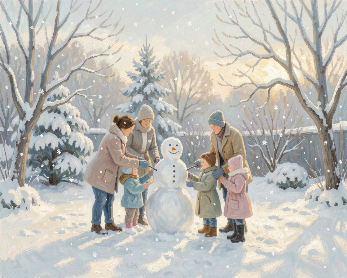 A family building a snowman together in a quiet backyard as snow continues to fall softly, evoking a sense of peace and quiet wonder.